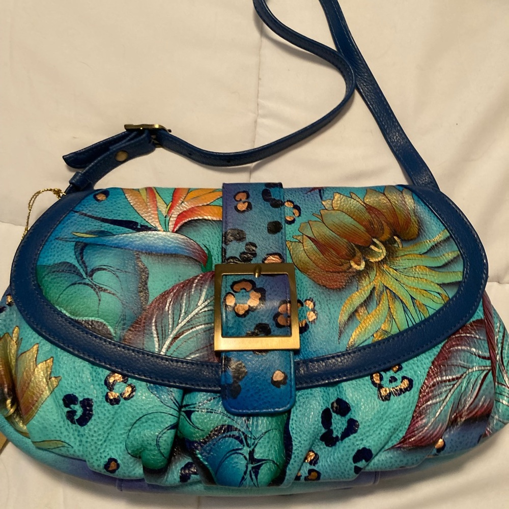 Anuschka Blue and Green Crossbody Bag with Artistic Print